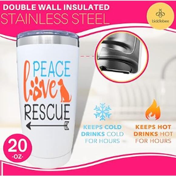 Peace Love Rescue Stainless Steel Tumbler With Lid - 20 oz. Insulated Travel Cup - Picture 3 of 5